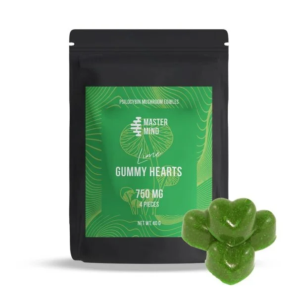 The Mastermind Gummy Hearts contain 3000mg of our premium blend of Psilocybe Cubensis Mushrooms . These Lime flavored gummies are easy on both your stomach and taste buds! The Gummy Hearts are perfect for first timers, or casual day tripping. Each bag comes with 4 x 750mg Gummy Hearts.